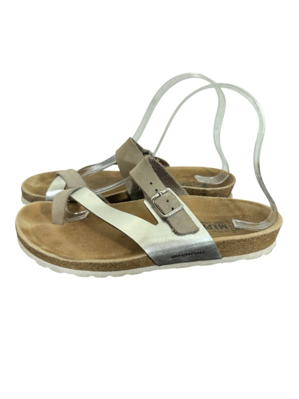 Mephisto Nalia Sandal Womens 38EU/8US Slip On Slide Silver & Tan Leather Boho